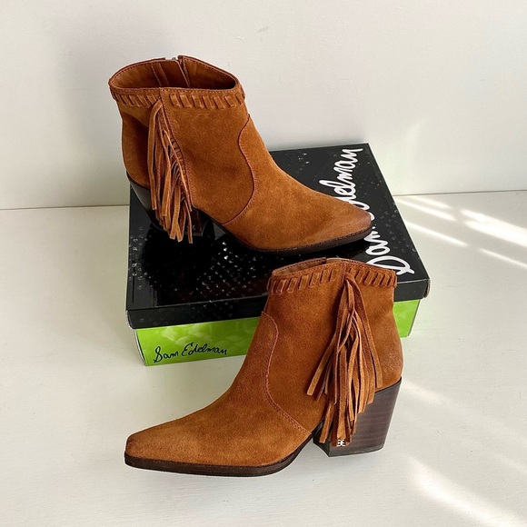 ✨SAM EDELMAN Willice Suede Fringe Heeled Booties Boho - Picture 11 of 12